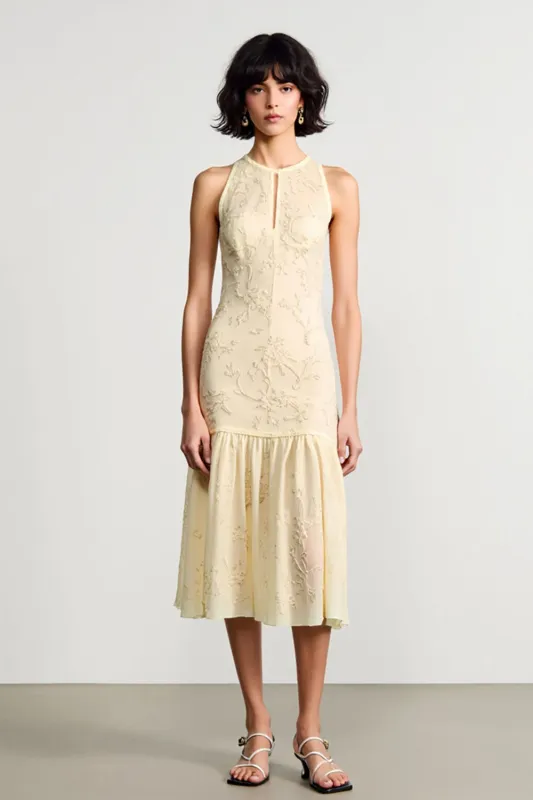 Apricot Round Neck Backless Midi Summer Dress with Appliques sold by Zapaka