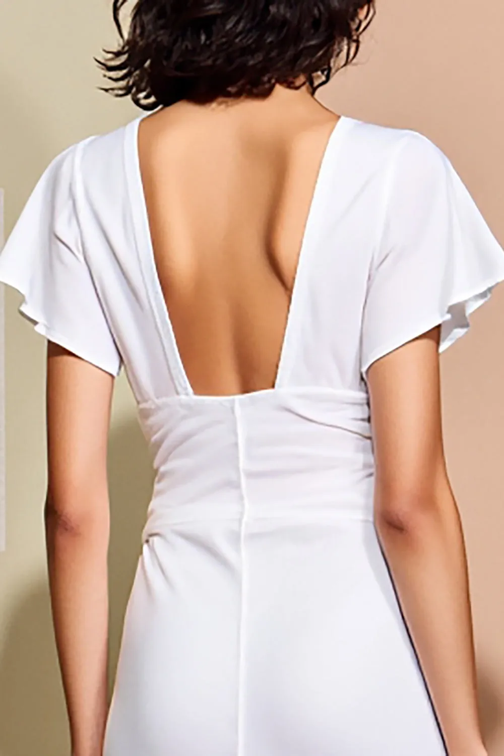 White Ruched V-Neck Midi Summer Dress with Slit sold by Zapaka product image thumbnail 4