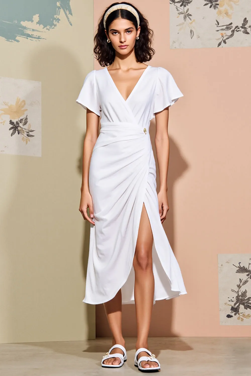 White Ruched V-Neck Midi Summer Dress with Slit sold by Zapaka