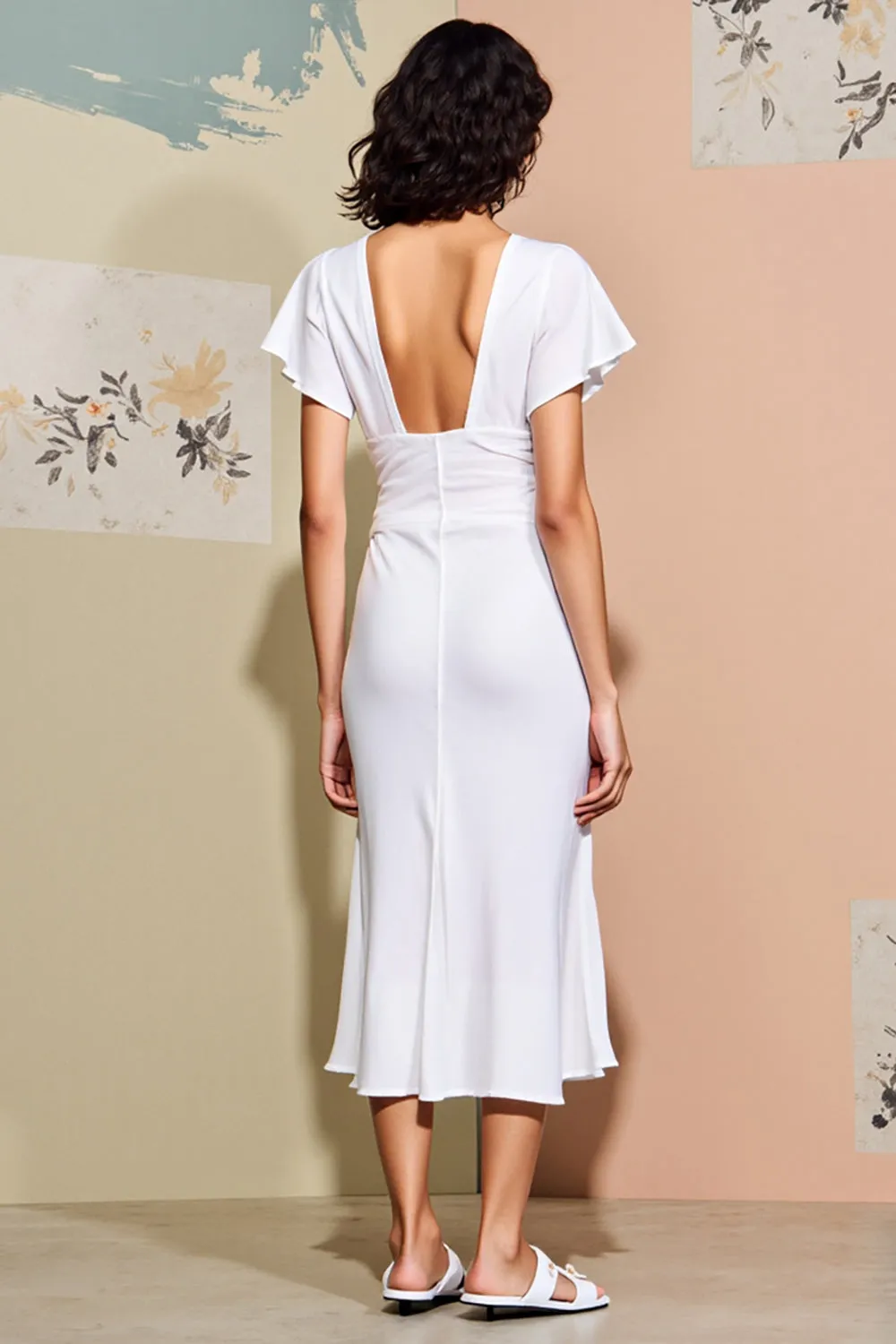 White Ruched V-Neck Midi Summer Dress with Slit sold by Zapaka product image thumbnail 2