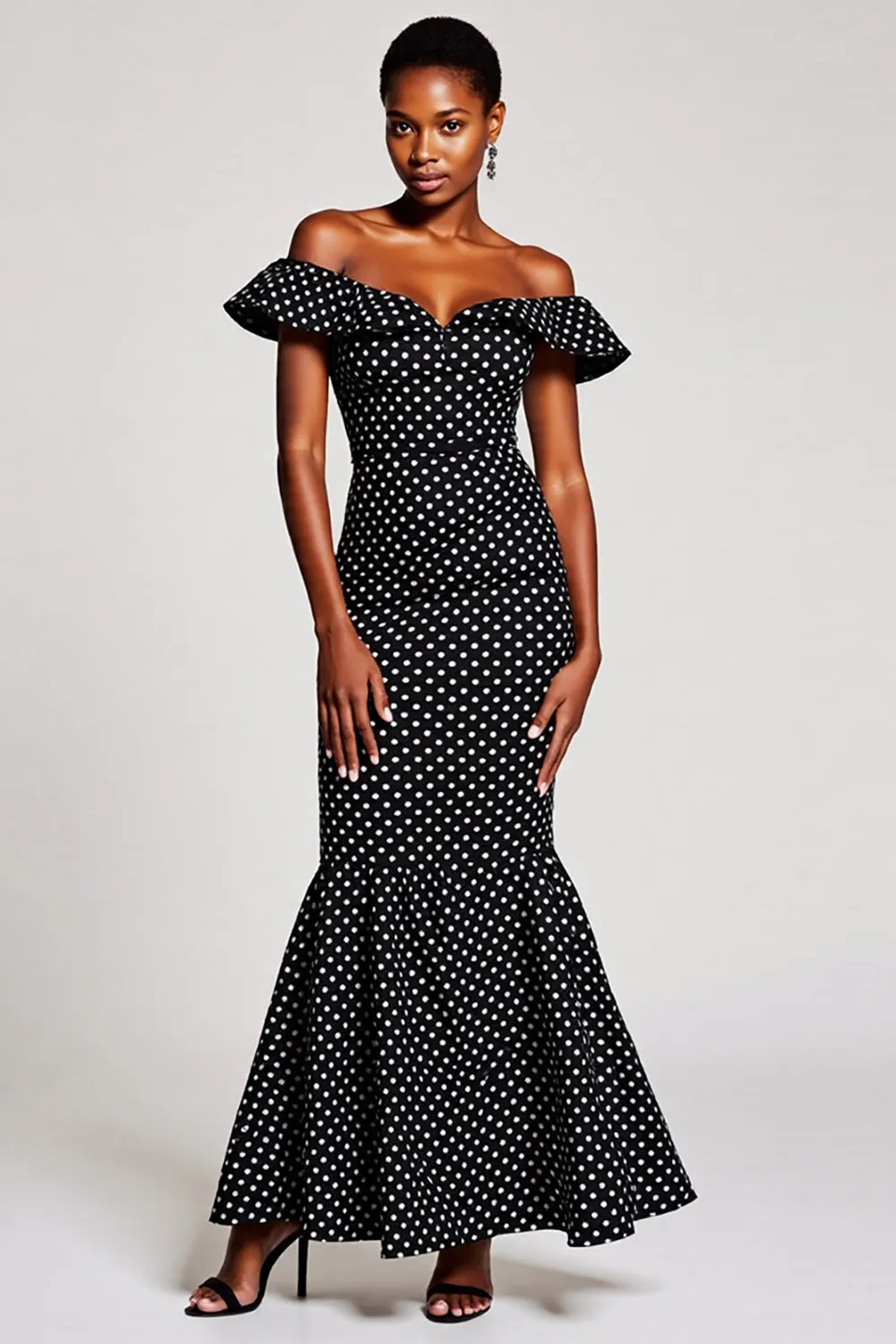 Off The Shoulder Mermaid Ruffled Black White Polka Dots Dress sold by Zapaka