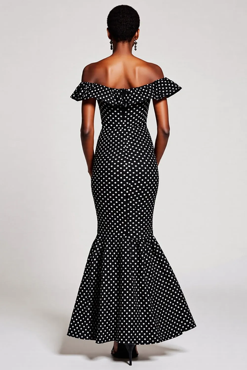 Off The Shoulder Mermaid Ruffled Black White Polka Dots Dress sold by Zapaka product image thumbnail 2