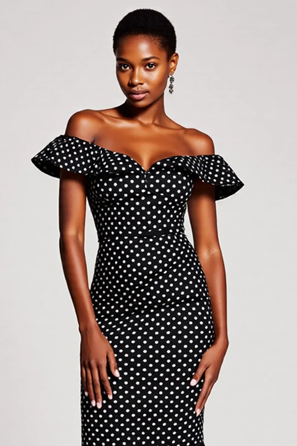 Off The Shoulder Mermaid Ruffled Black White Polka Dots Dress sold by Zapaka product image thumbnail 3