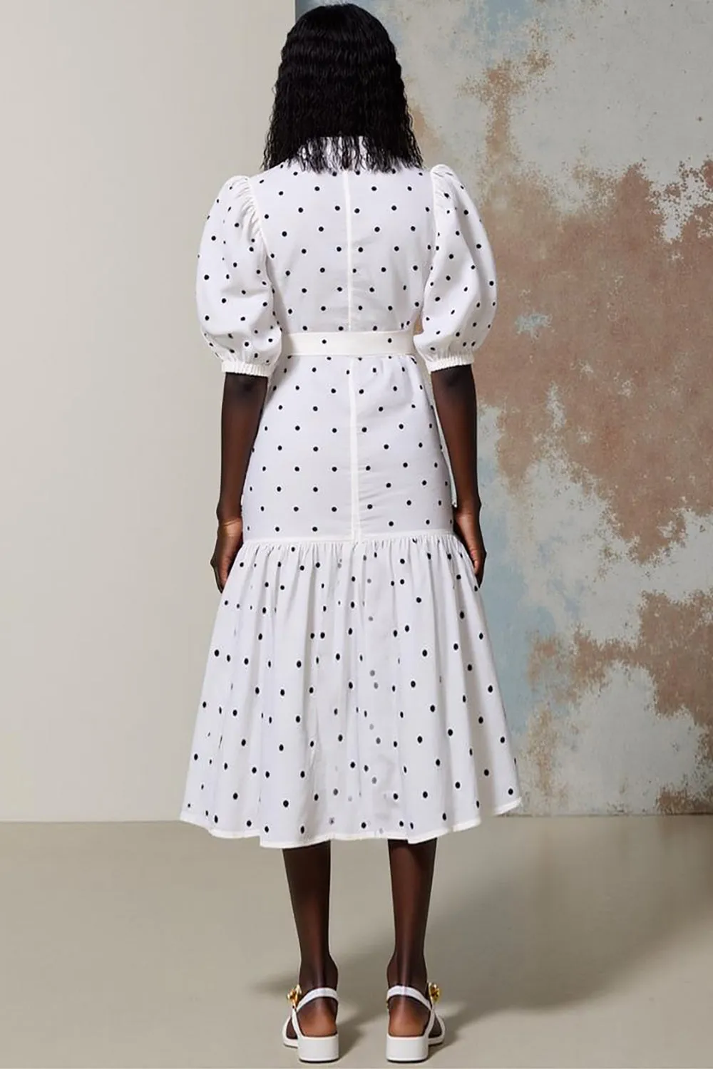 White A Line Midi Polka Dot Dress with Belt sold by Zapaka product image thumbnail 2