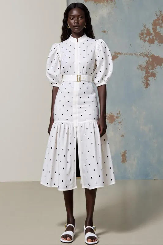 White A Line Midi Polka Dot Dress with Belt sold by Zapaka