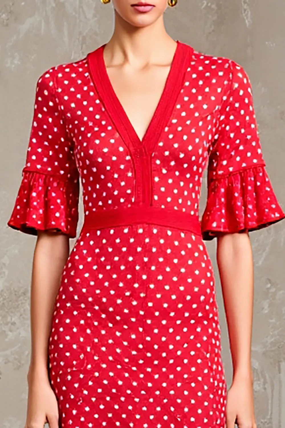 Red V-Neck Short Sleeve Polka Dot Dress sold by Zapaka product image thumbnail 3