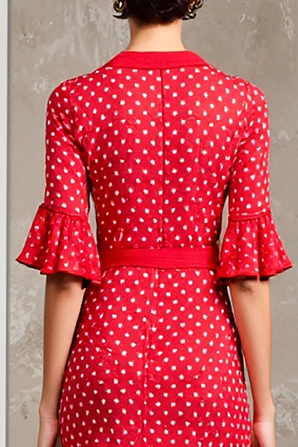 Red V-Neck Short Sleeve Polka Dot Dress sold by Zapaka product image thumbnail 4