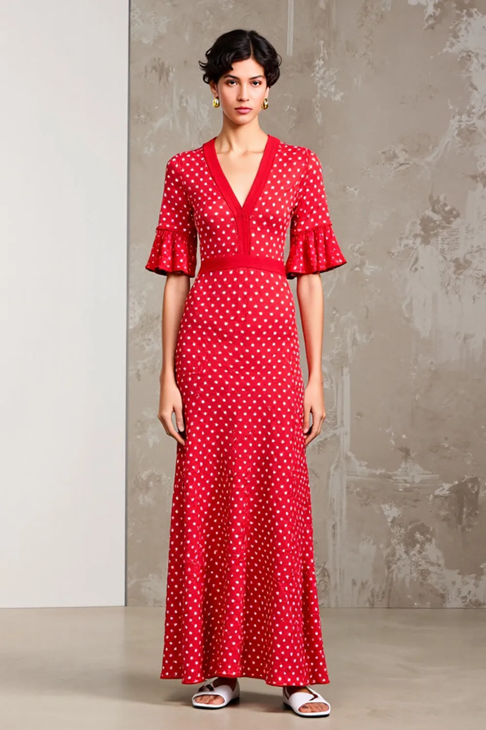 Red V-Neck Short Sleeve Polka Dot Dress sold by Zapaka