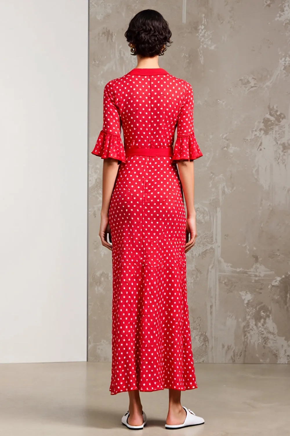 Red V-Neck Short Sleeve Polka Dot Dress sold by Zapaka product image thumbnail 2