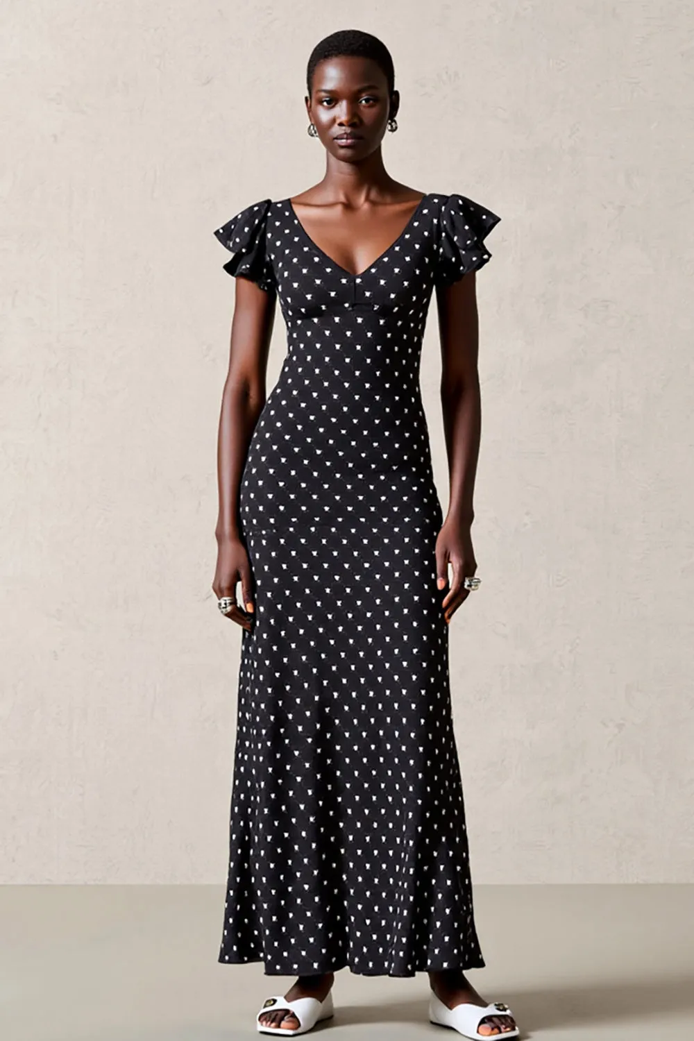 Black V-Neck A Line Polka Dot Dress sold by Zapaka