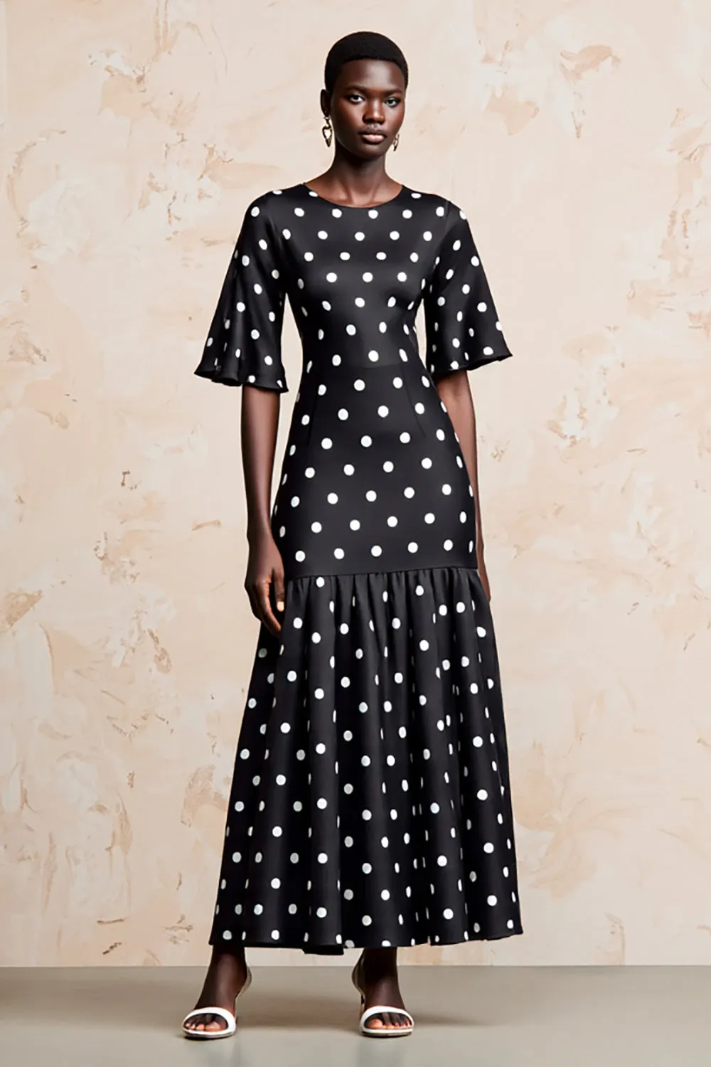 Black A Line Short Sleeve Polka Dot Dress sold by Zapaka