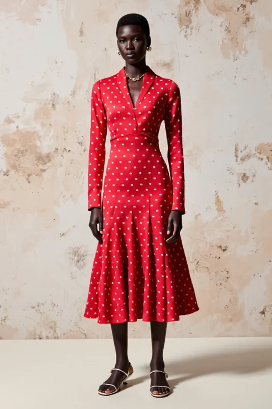 Red A Line Long Sleeve Polka Dot Dress sold by Zapaka