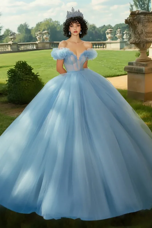 Sky Blue Ball Gown Princess Tulle Long Quinceanera Dress with Ruffles made by Zapaka