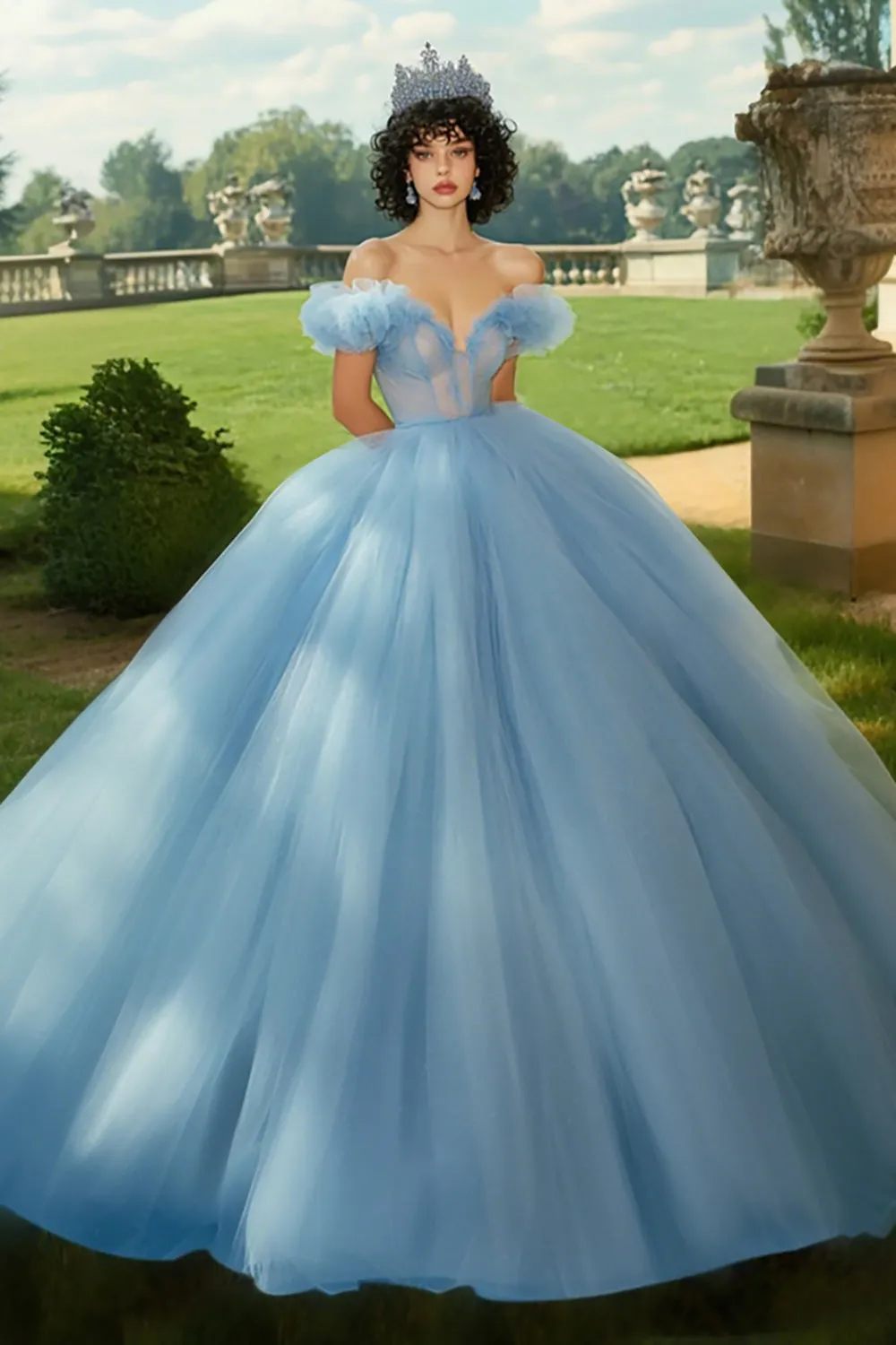 Sky Blue Ball Gown Princess Tulle Long Quinceanera Dress with Ruffles sold by Zapaka
