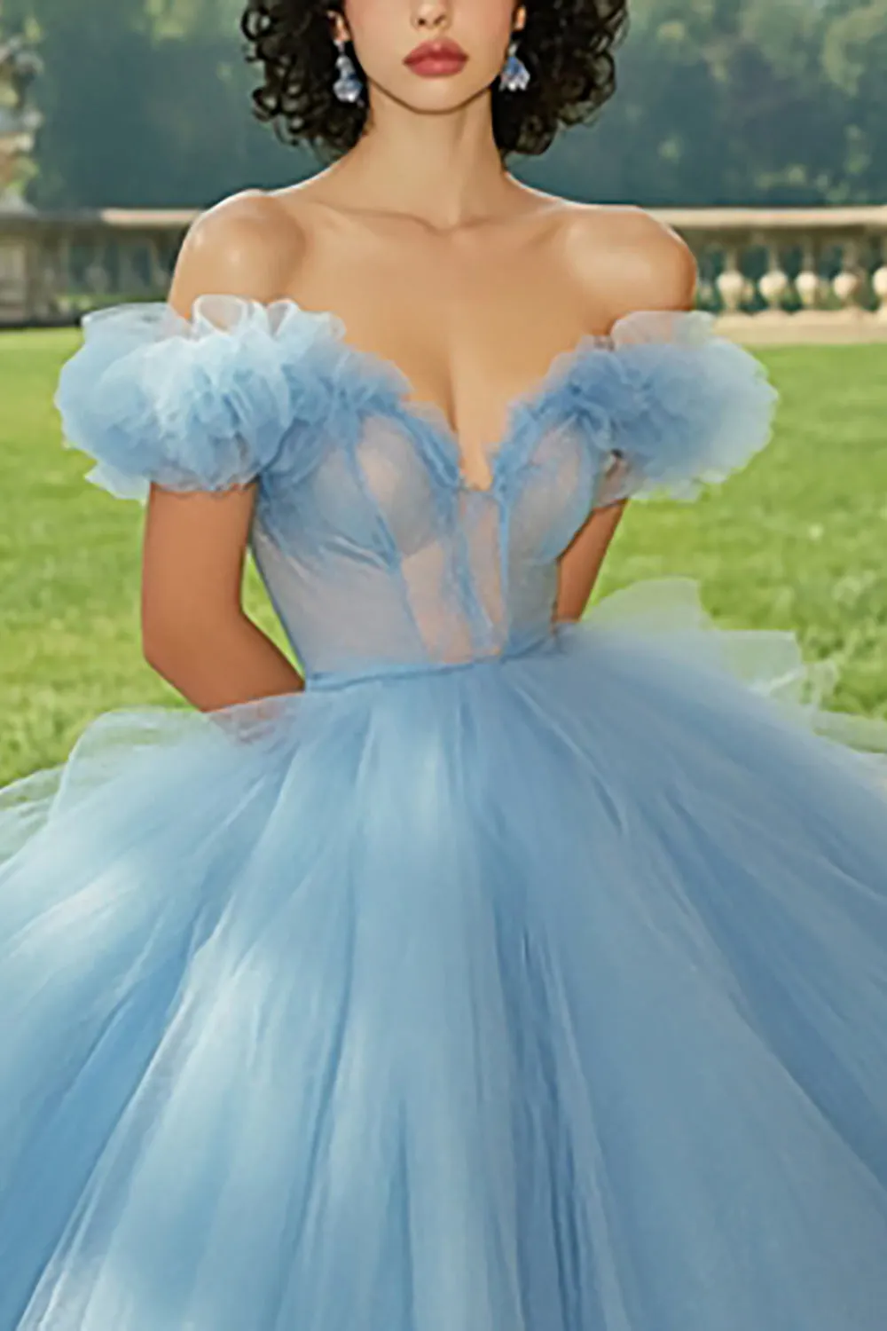 Sky Blue Ball Gown Princess Tulle Long Quinceanera Dress with Ruffles sold by Zapaka product image thumbnail 2