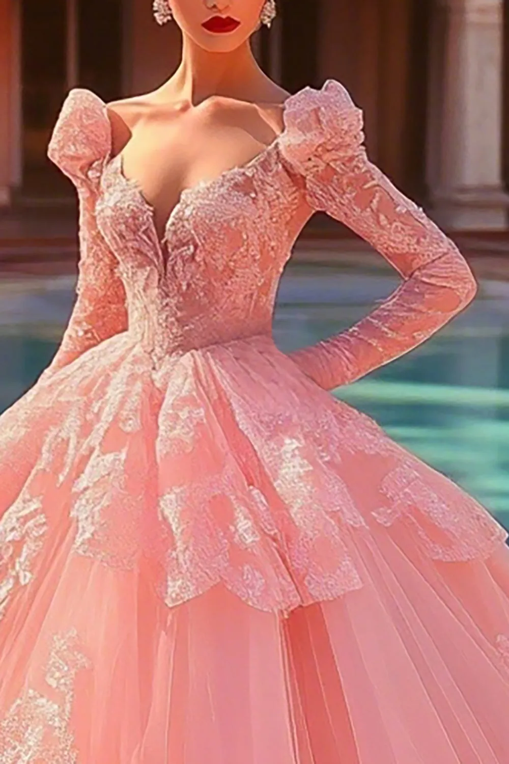 Pink Ball Gown Tulle Long Sleeves Princess Quinceanera Dress with Ruffles sold by Zapaka product image thumbnail 2