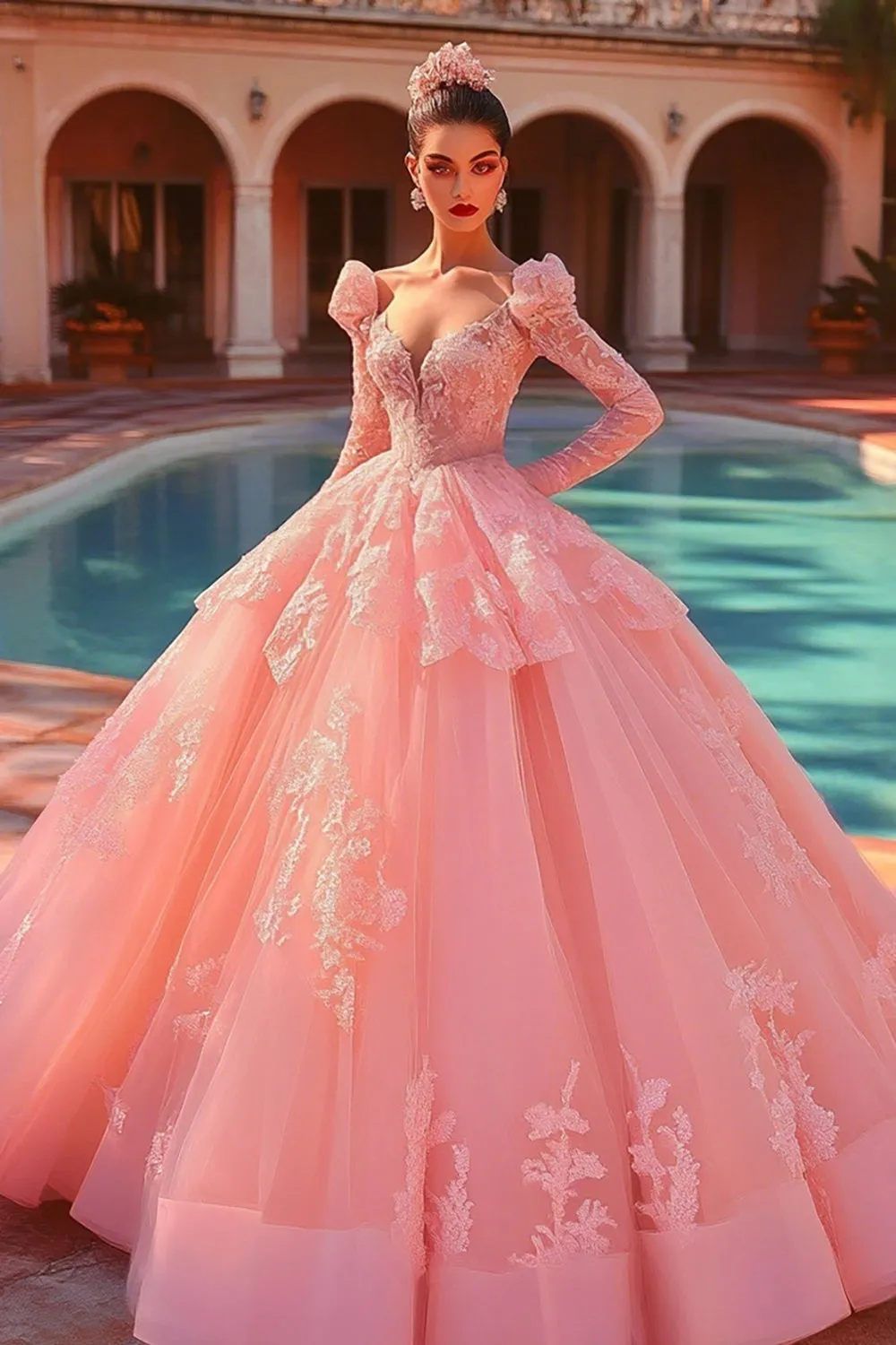 Pink Ball Gown Tulle Long Sleeves Princess Quinceanera Dress with Ruffles sold by Zapaka