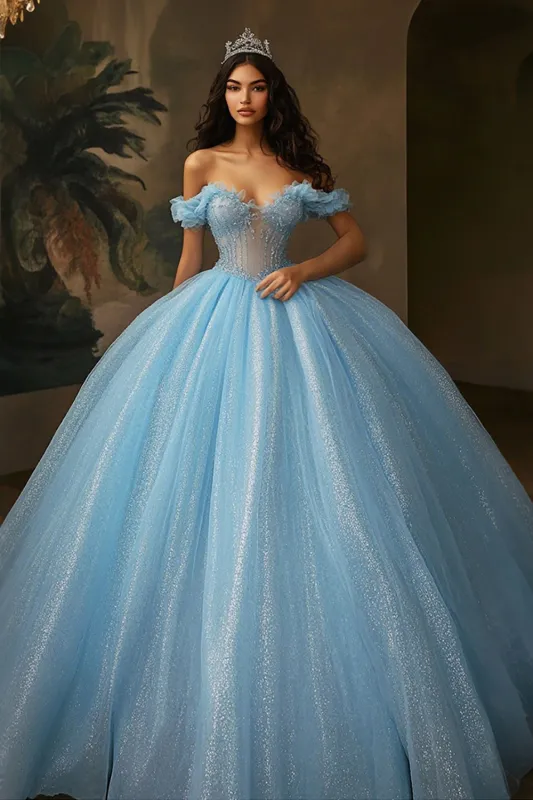 Sky Blue Glitter Corset Ball Gown Long Princess Quinceanera Dress with Ruffles sold by Zapaka