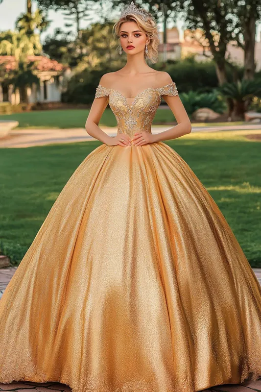 Glitter Gold Ball Gown Off the Shoulder Princess Long Quinceanera Dress with Appliques sold by Zapaka