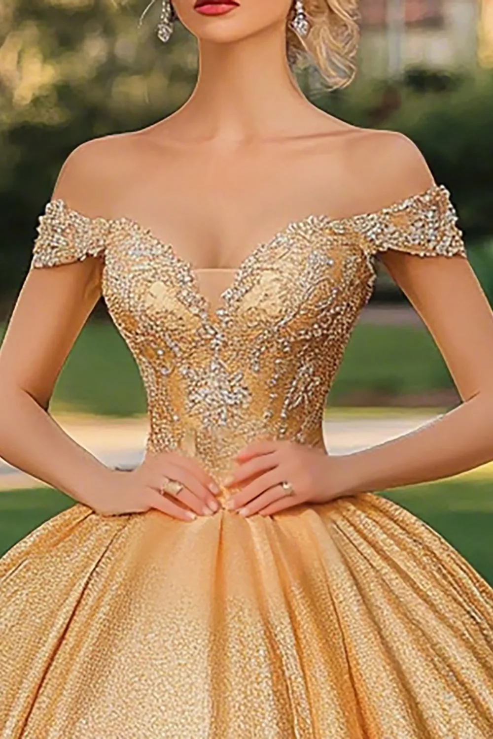 Glitter Gold Ball Gown Off the Shoulder Princess Long Quinceanera Dress with Appliques sold by Zapaka product image thumbnail 2