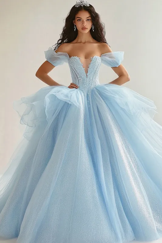 Sky Blue Ball Gown Princess Glitter Long Tulle Quinceanera Dress with Ruffles sold by Zapaka