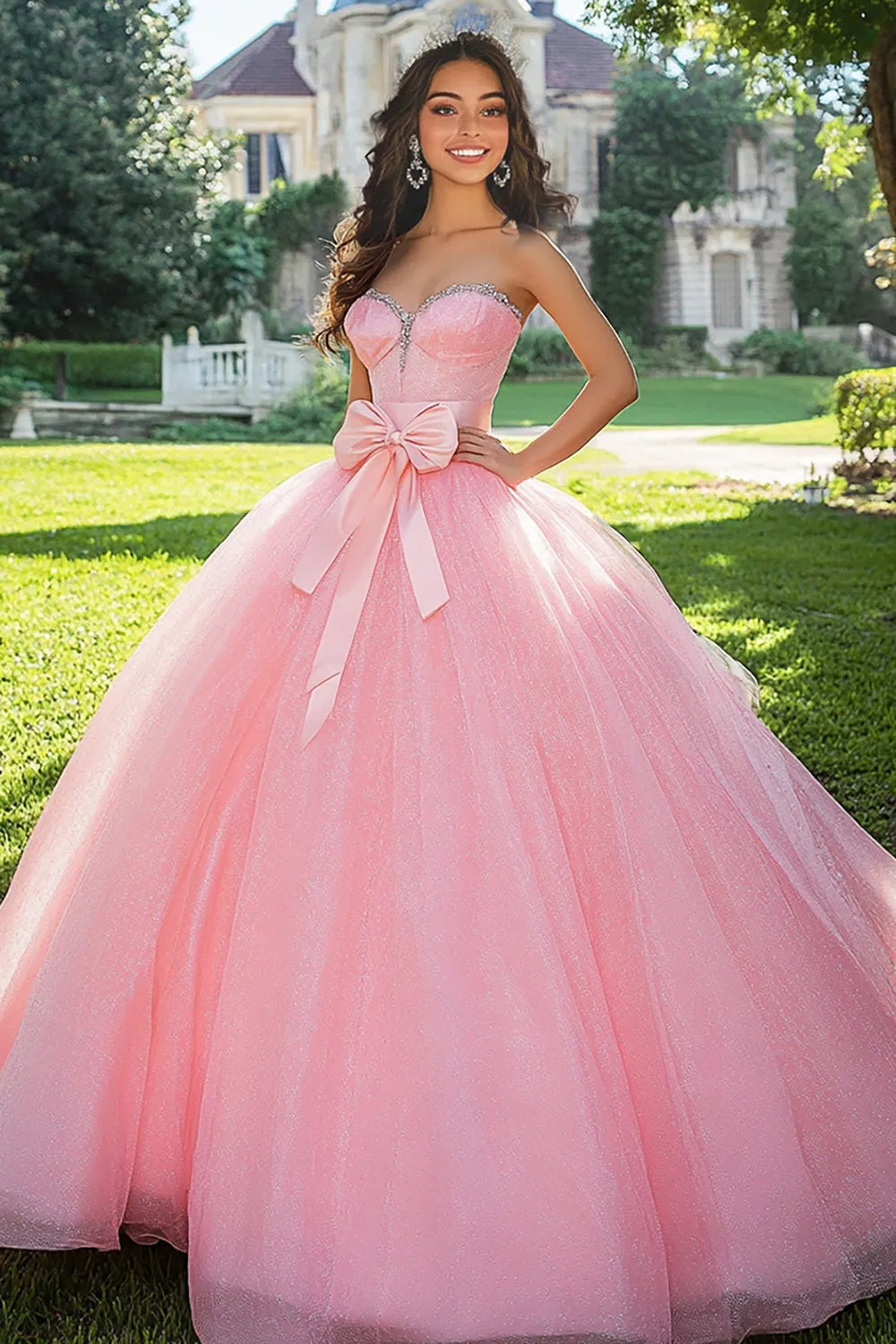 Sparkly Pink Ball Gown Tulle Sweetheart Long Quinceanera Dress with Bow sold by Zapaka