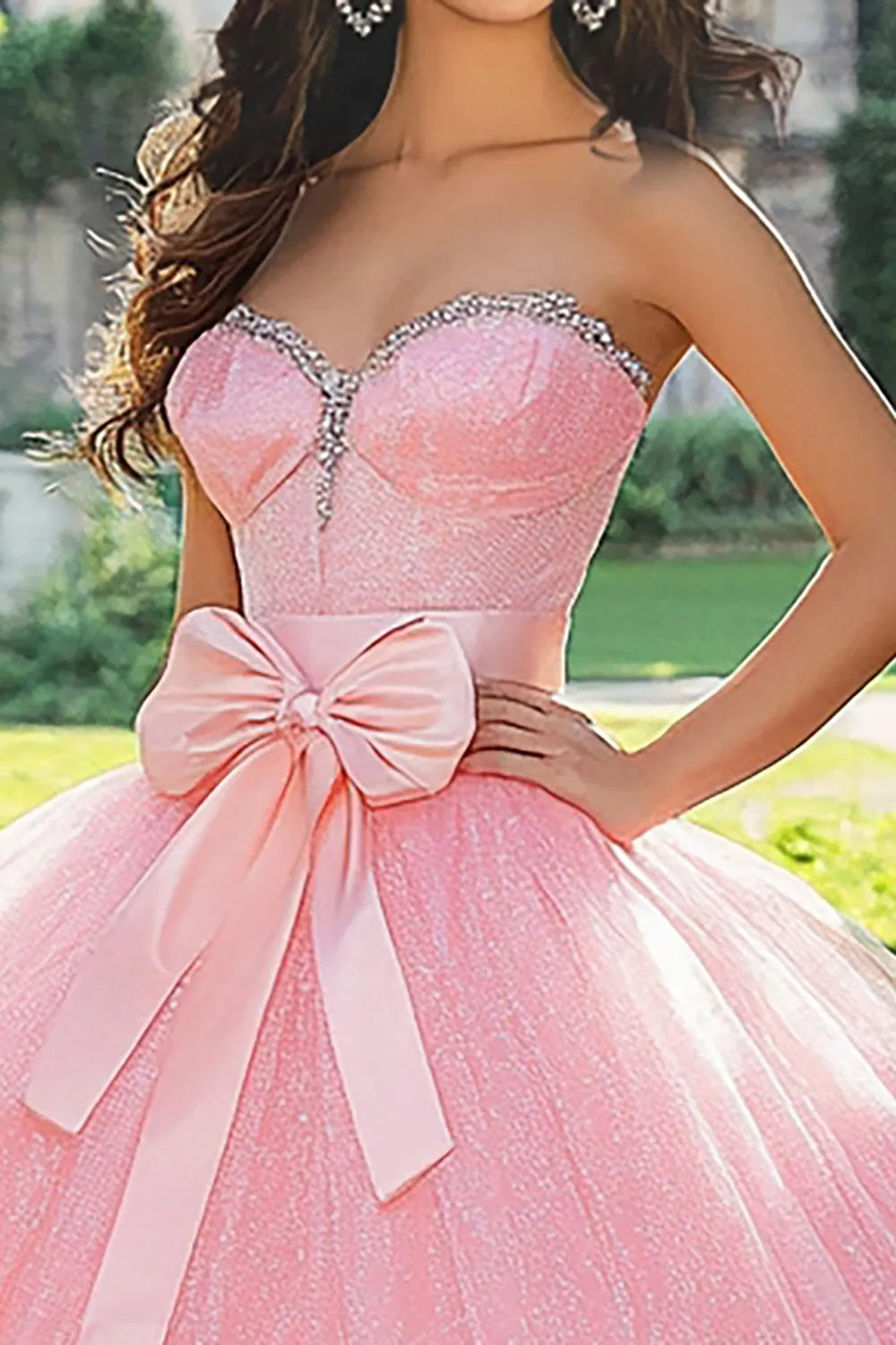 Sparkly Pink Ball Gown Tulle Sweetheart Long Quinceanera Dress with Bow sold by Zapaka product image thumbnail 2