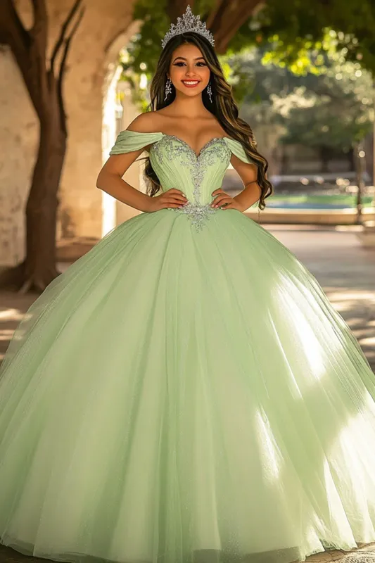 Glitter Light Green Ball Gown Long Tulle Quinceanera Dress with Appliques sold by Zapaka