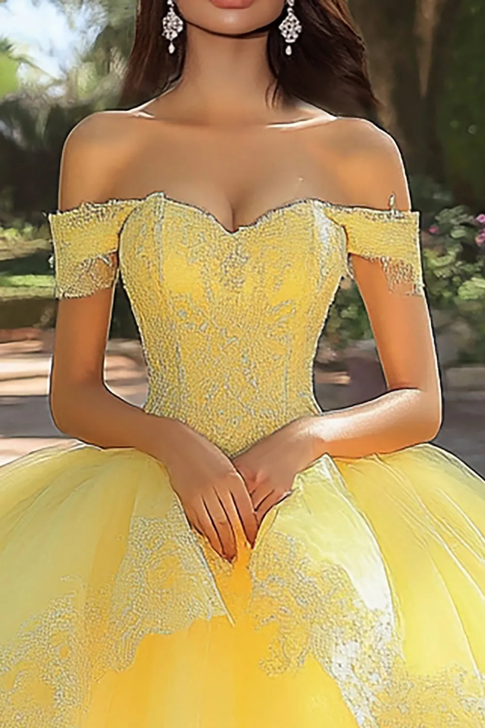 Yellow Ball Gown Appliqued Tulle Long Quinceanera Dress with Ruffles sold by Zapaka product image thumbnail 2