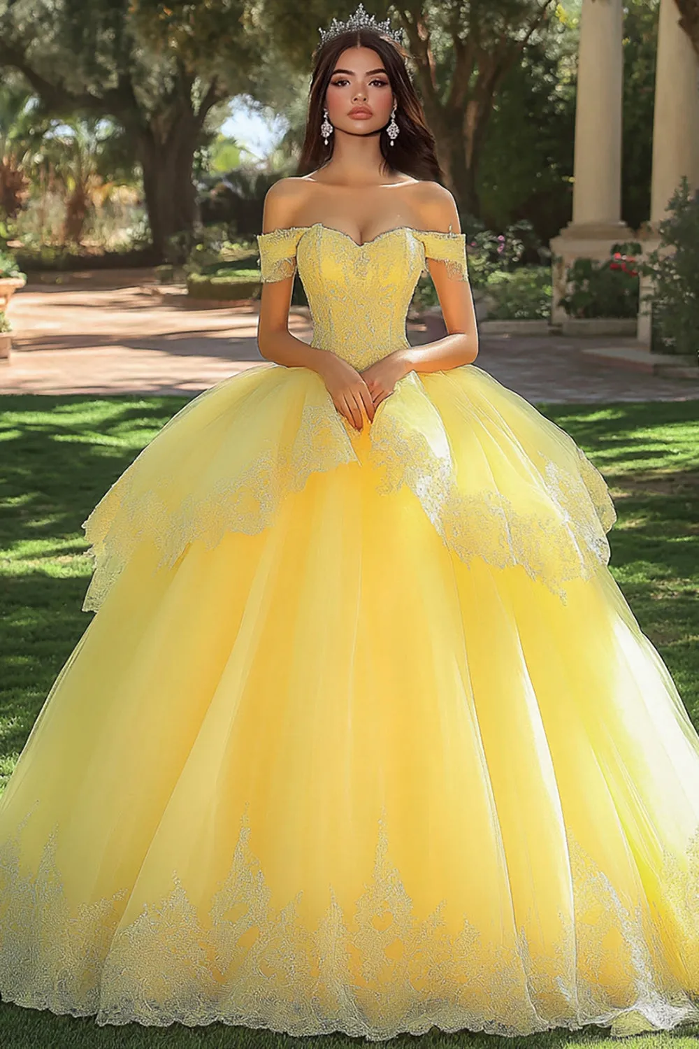 Yellow Ball Gown Appliqued Tulle Long Quinceanera Dress with Ruffles sold by Zapaka