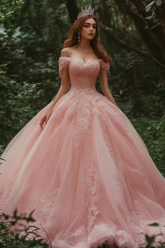Pink Princess Tulle Ball Gown Long Quinceanera Dress with Lace sold by Zapaka