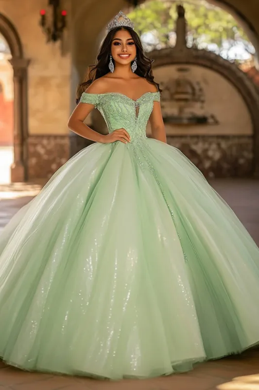 Glitter Light Tulle Green Ball Gown Long Quinceanera Dress with Appliques sold by Zapaka