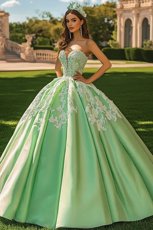 Green Ball Gown Sweetheart Long Princess Quinceanera Dress with Appliques made by Zapaka