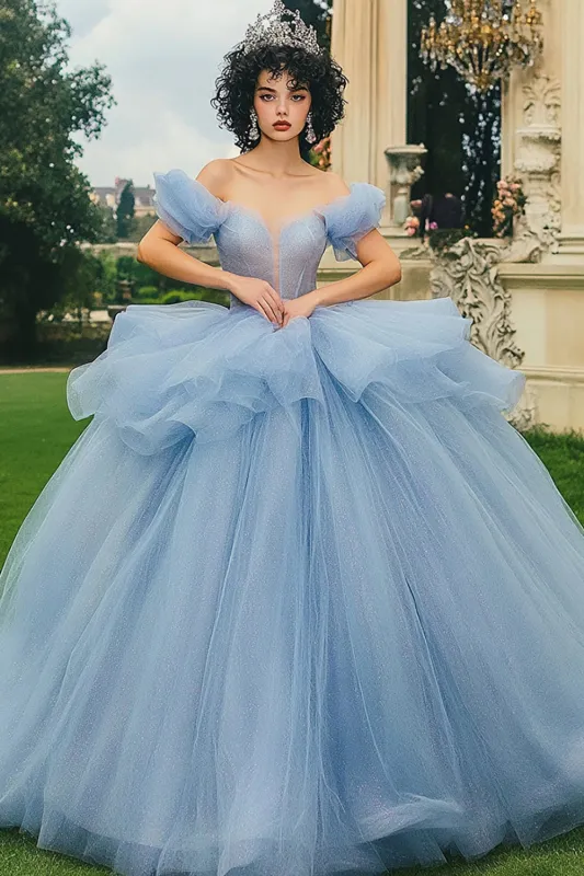 Glitter Dusty Blue Ball Gown Long Off the Shoulder Quinceanera Dress with Ruffles sold by Zapaka