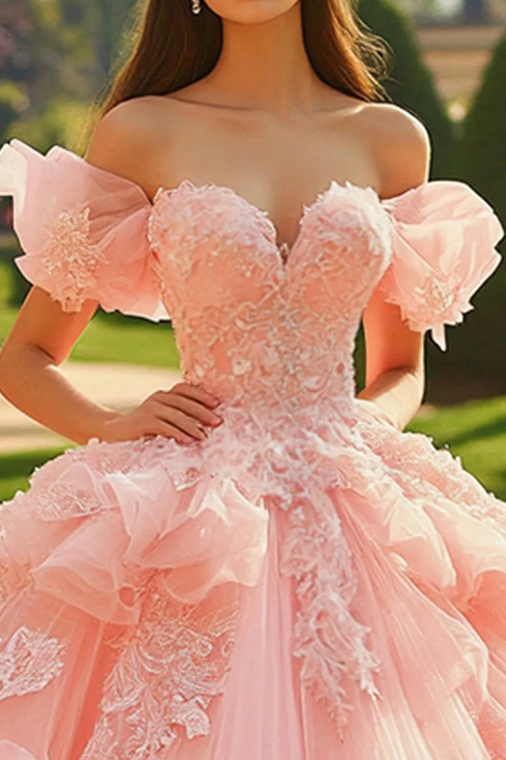 Pink Tulle Ball Gown Princess Long Quinceanera Dress with Ruffles sold by Zapaka product image thumbnail 2