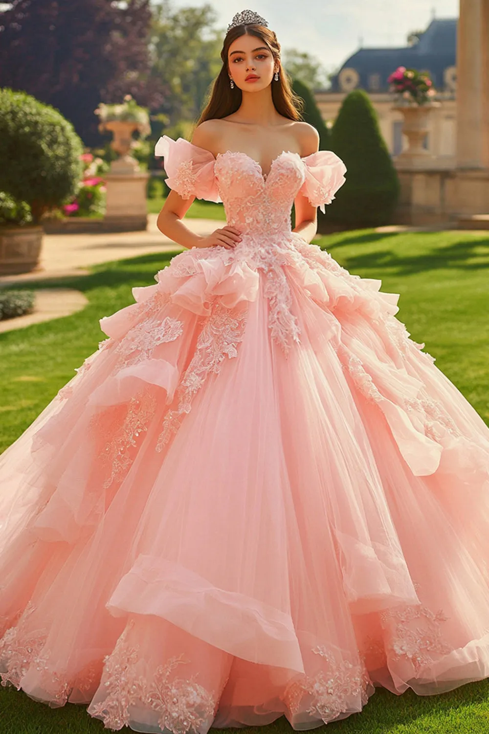 Pink Tulle Ball Gown Princess Long Quinceanera Dress with Ruffles sold by Zapaka
