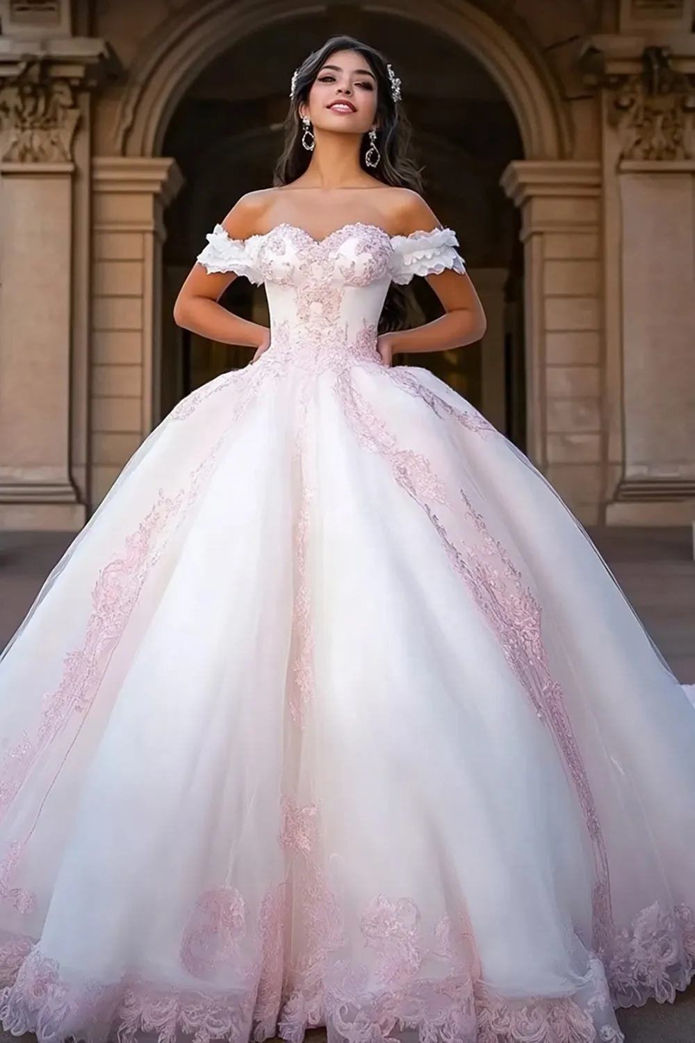 White and Pink Ball Gown Princess Tulle Long Quinceanera Dress with Appliques sold by Zapaka