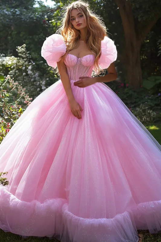 Glitter Ball Gown Puff Sleeve Pink Ruffled Quinceanera Dress sold by Zapaka