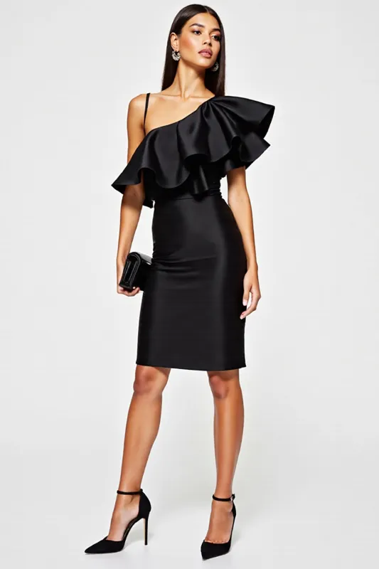 Ruffled Satin Bodycon Black Cocktail Dress sold by Zapaka
