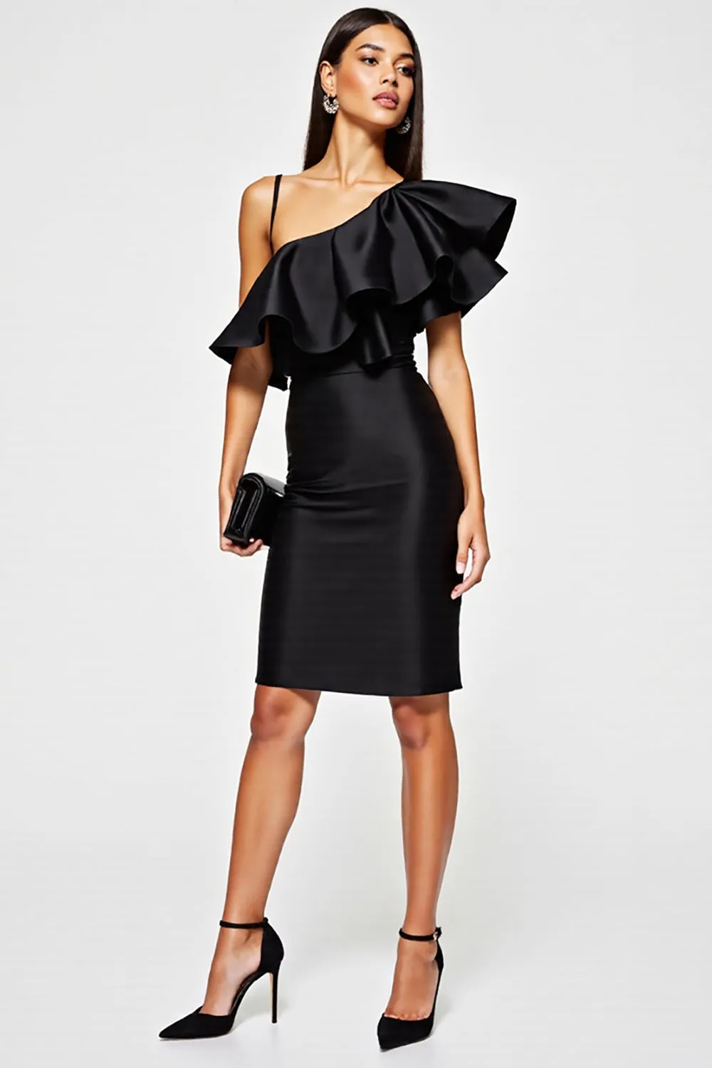 Ruffled Satin Bodycon Black Cocktail Dress sold by Zapaka
