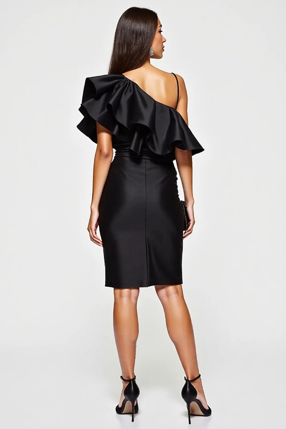 Ruffled Satin Bodycon Black Cocktail Dress sold by Zapaka product image thumbnail 2