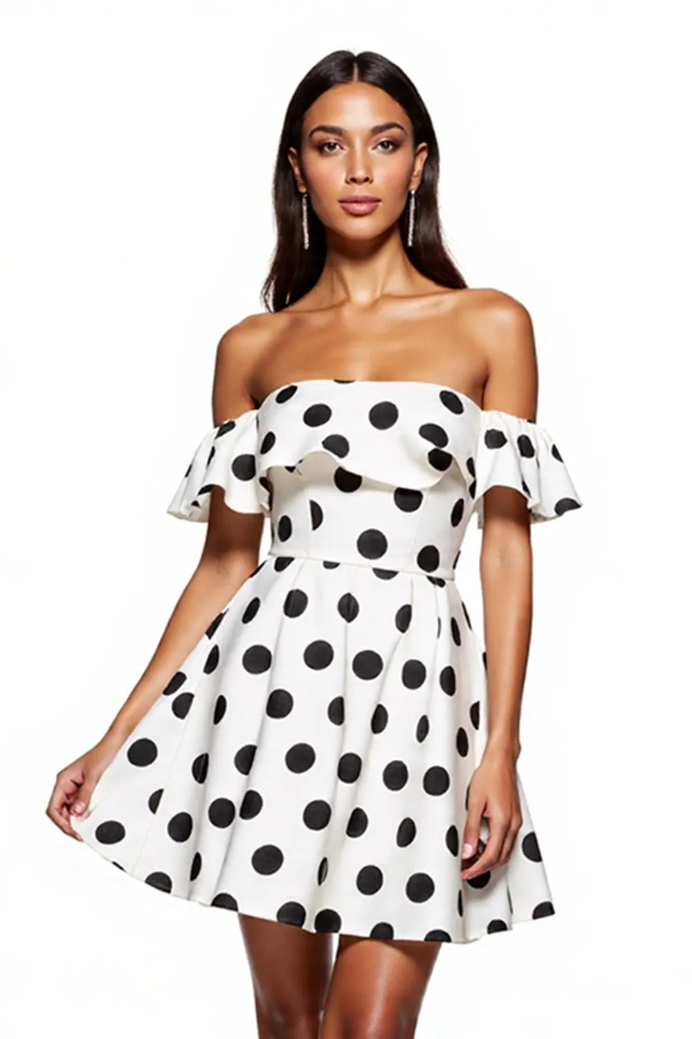 White Off the Shoulder Black Polka Dot A Line Cocktail Dress sold by Zapaka product image thumbnail 3
