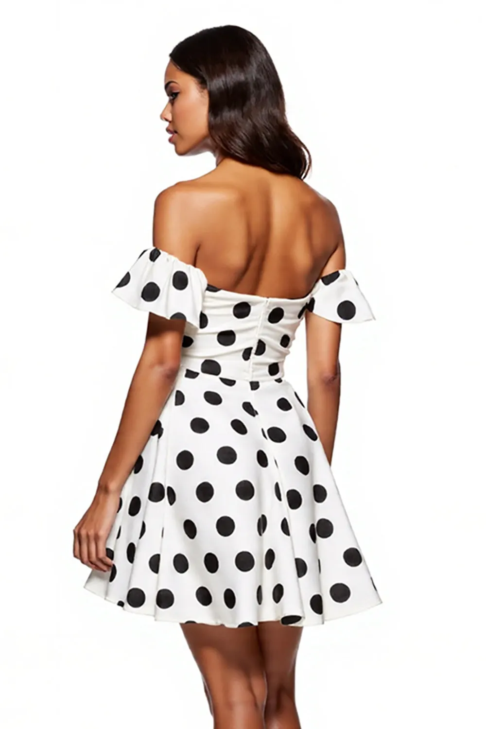 White Off the Shoulder Black Polka Dot A Line Cocktail Dress sold by Zapaka product image thumbnail 4