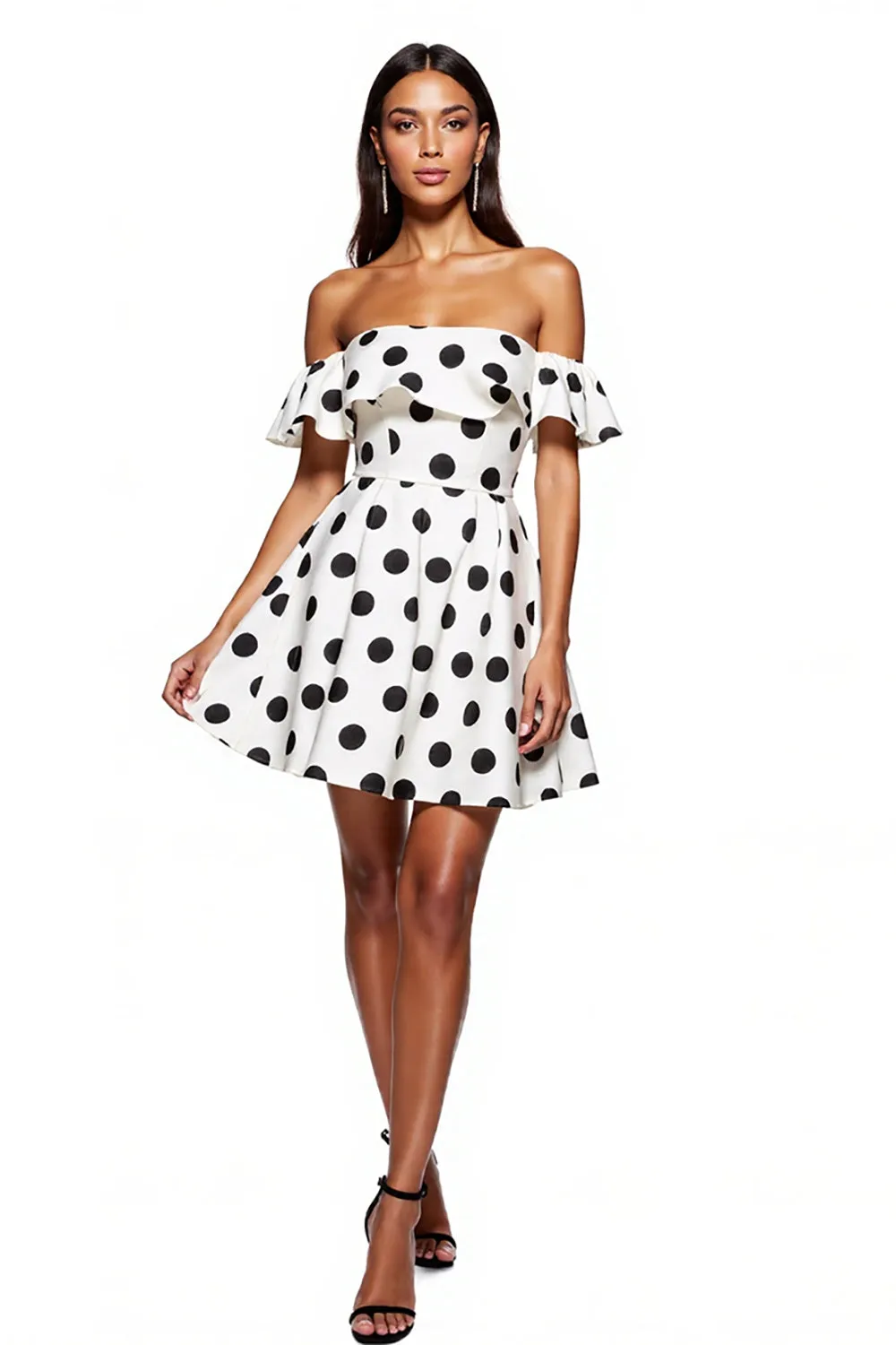 White Off the Shoulder Black Polka Dot A Line Cocktail Dress sold by Zapaka
