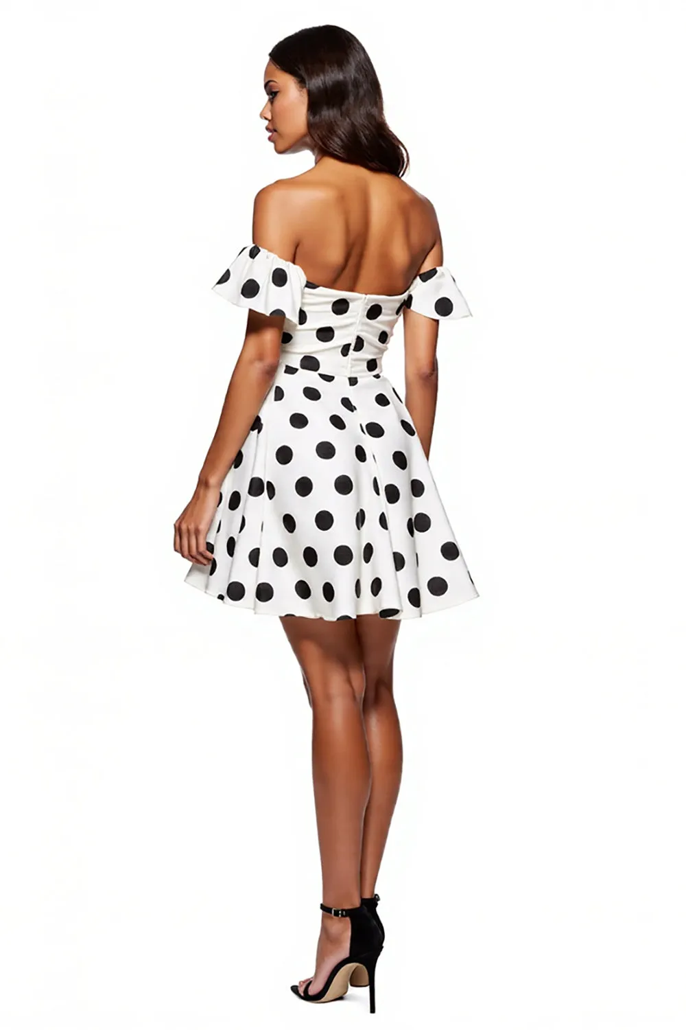 White Off the Shoulder Black Polka Dot A Line Cocktail Dress sold by Zapaka product image thumbnail 2