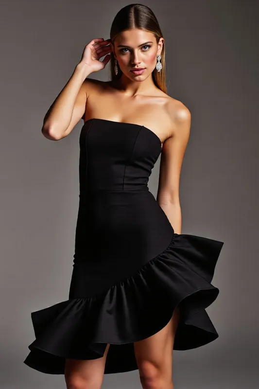 Black Strapless A Line Cocktail Dress with Ruffles sold by Zapaka