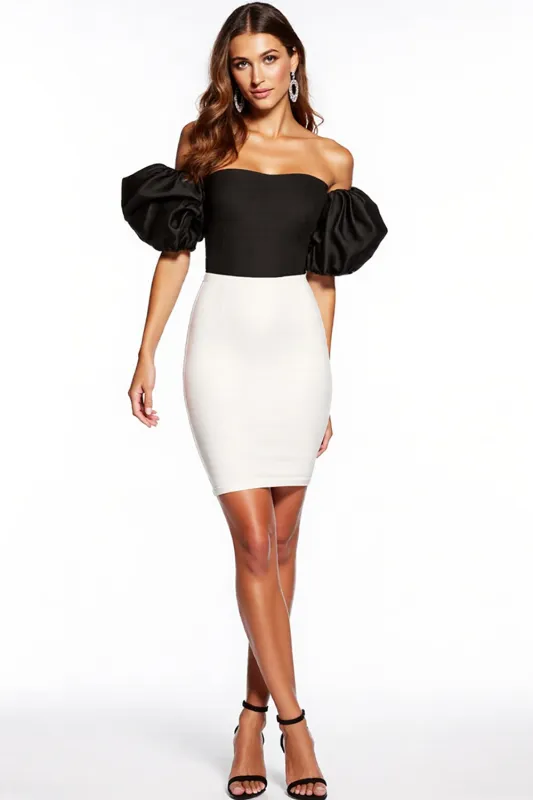 Black and White Bodycon Off the Shoulder Cocktail Dress with Puff Sleeves sold by Zapaka
