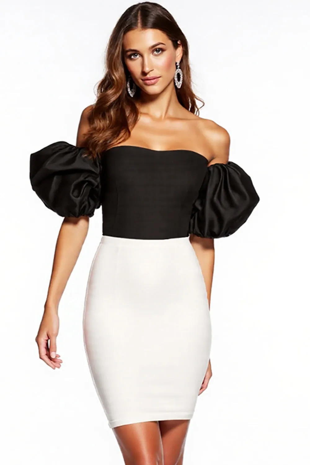 Black and White Bodycon Off the Shoulder Cocktail Dress with Puff Sleeves sold by Zapaka product image thumbnail 3