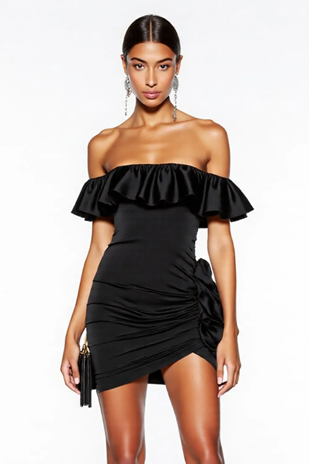 Off the Shoulder Ruched Black Cocktail Dress with Ruffles sold by Zapaka product image thumbnail 3