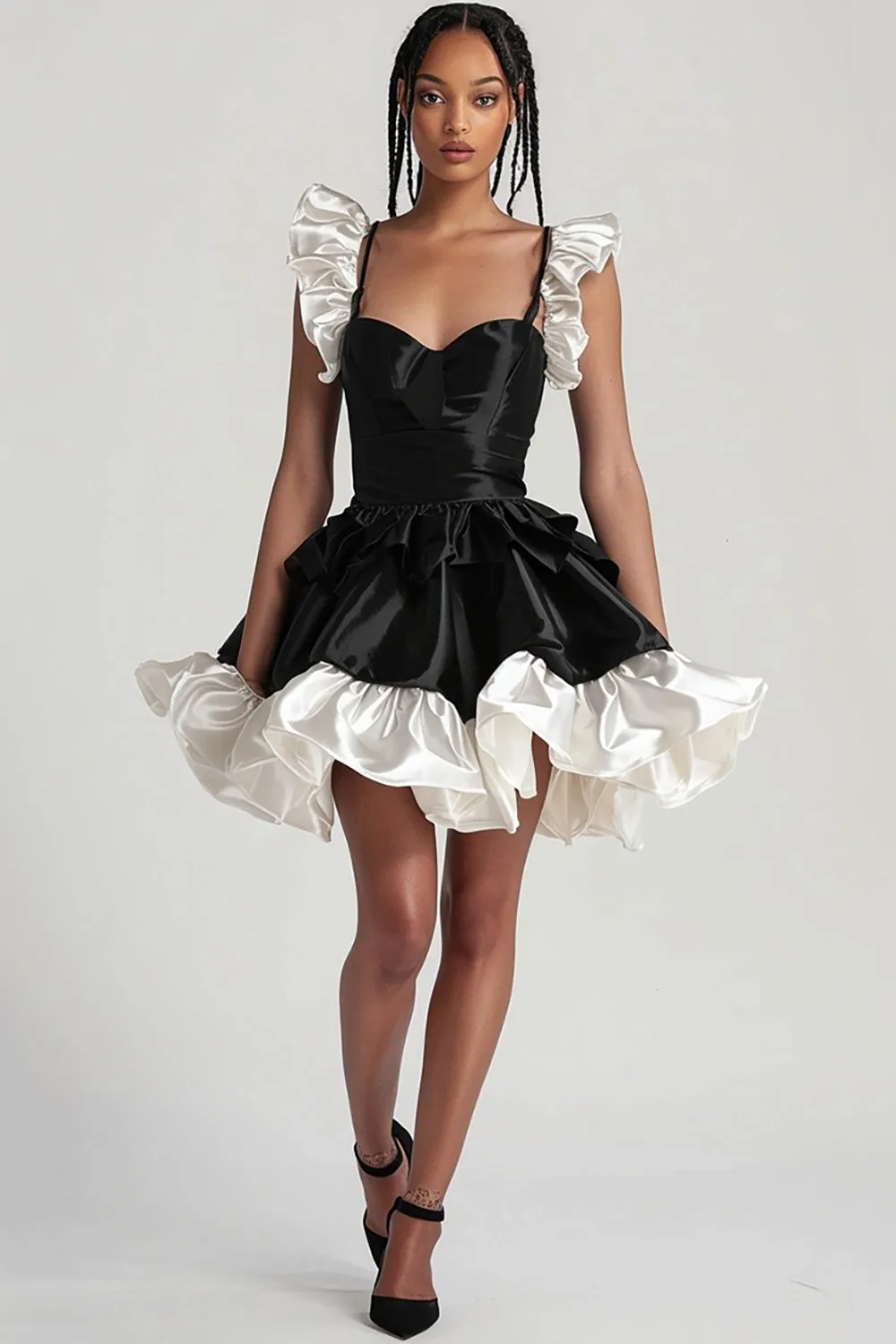 Black A Line Satin Ruffled Short Cocktail Dress sold by Zapaka